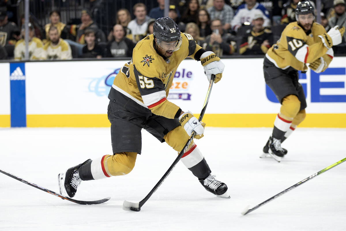 Golden Knights right wing Keegan Kolesar (55) winds up to shoot during the first period of an N ...