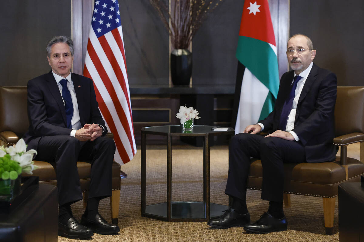 U.S. Secretary of State Antony Blinken, left, meets with Jordanian Foreign Minister Ayman Safad ...