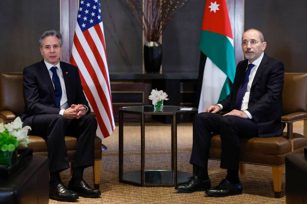 U.S. Secretary of State Antony Blinken, left, meets with Jordanian Foreign Minister Ayman Safad ...