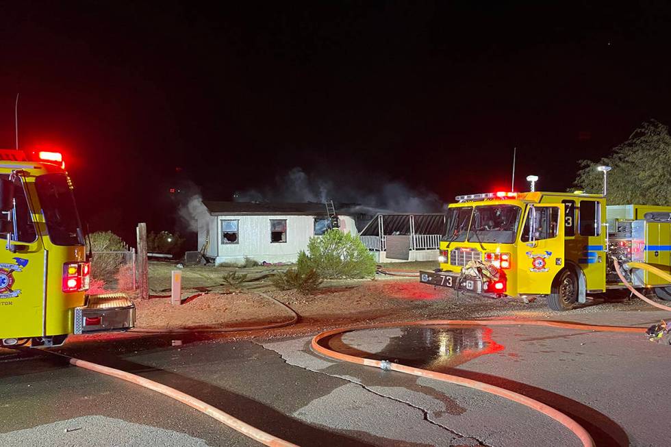 Crews respond to a fire Monday, Jan. 8, 2024, in Logandale. A woman died at the scene. (Moapa V ...