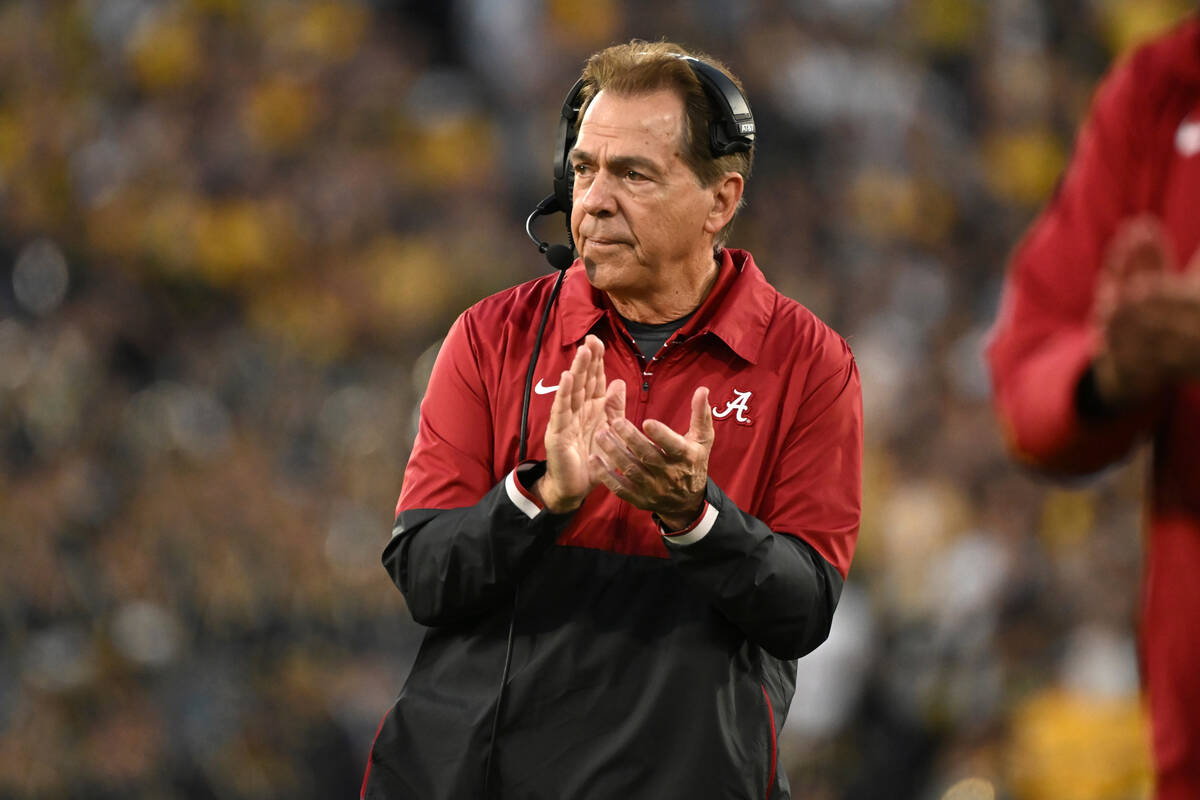 Alabama head coach Nick Saban reacts after running back Jase McClellan (2) scored a touchdown d ...