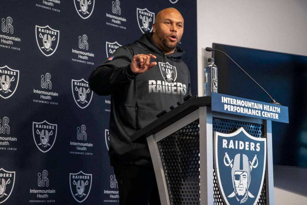 Raiders interim head coach Antonio Pierce answers questions from the media during a news confer ...