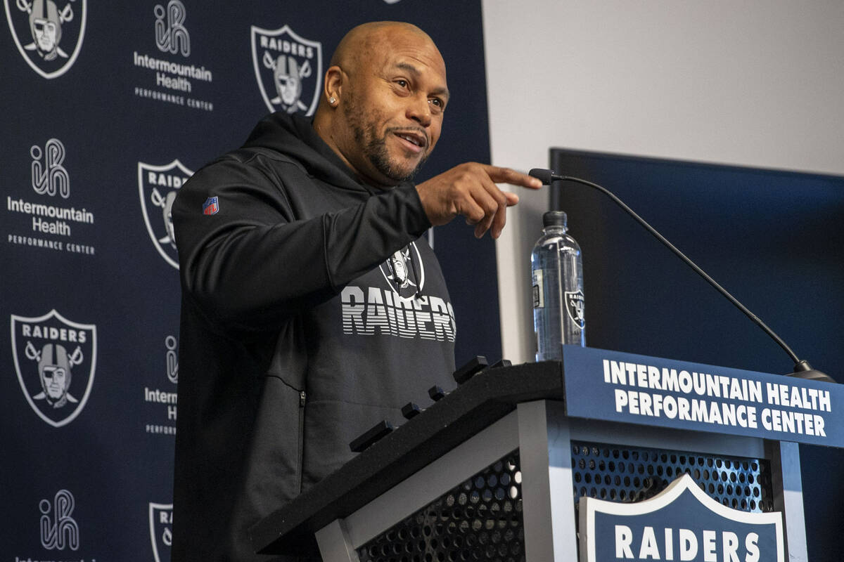 Raiders interim head coach Antonio Pierce answers questions from the media during a news confer ...