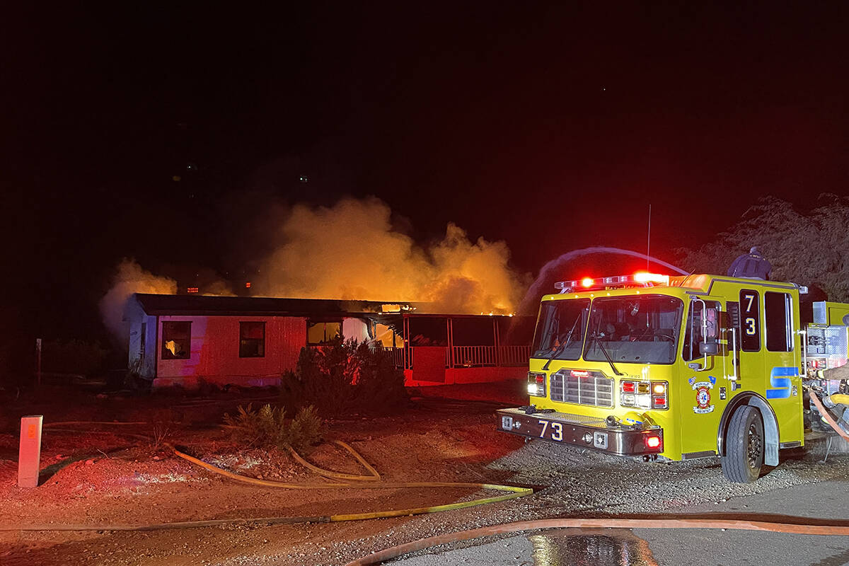 Crews respond to a fire Monday, Jan. 8, 2024, in Logandale. A woman died at the scene. (Moapa V ...