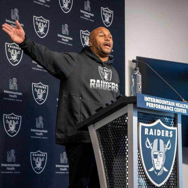 Raiders interim head coach Antonio Pierce answers questions from the media during a news confer ...