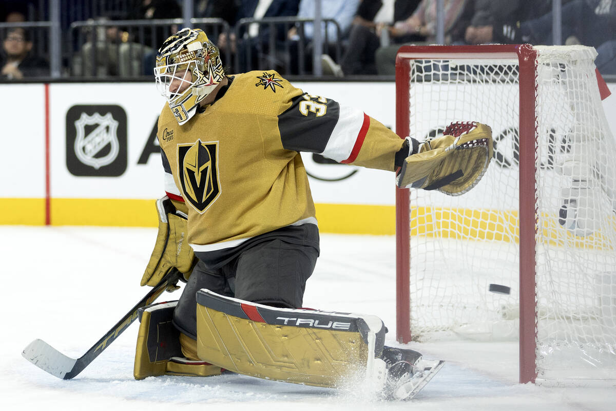 Golden Knights goaltender Adin Hill (33) lets a goal in during the second period of an NHL hock ...