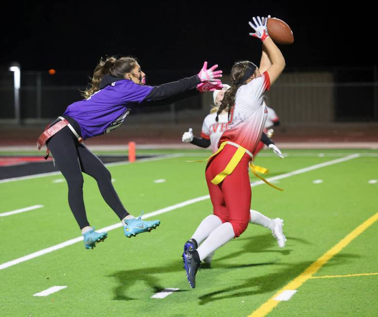 Las Vegas’ Kellsie Littlewood (8) intercepts a pass intended for Desert Oasis’ An ...