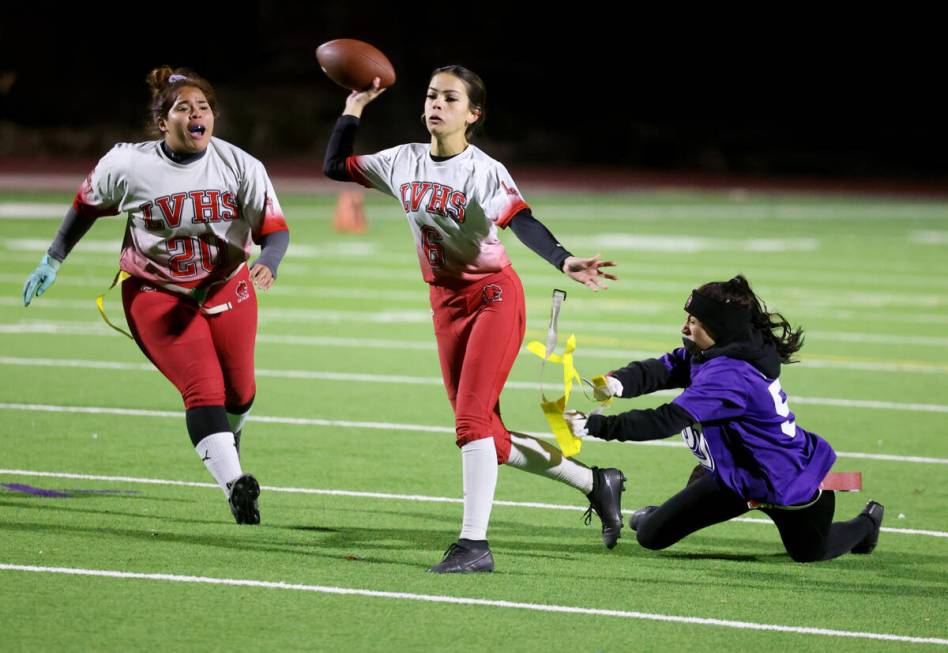 Desert Oasis’ Fatima Topete (50) sacks Las Vegas quarterback Sarah Pasquali (6) second h ...