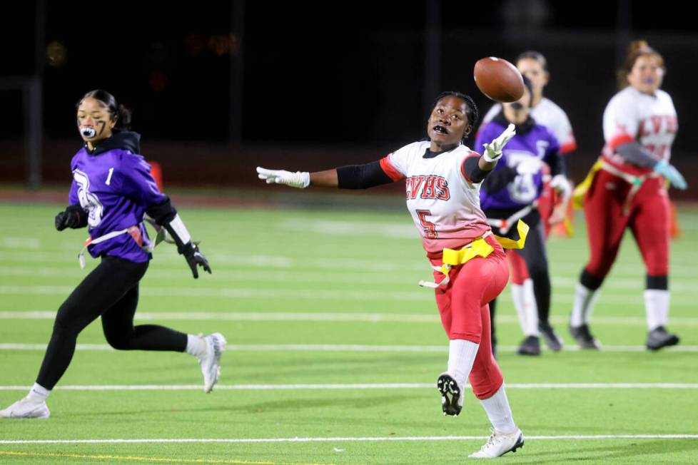 Las Vegas’ Antonia Woods (5) reaches for a pass against Desert Oasis in the first half o ...