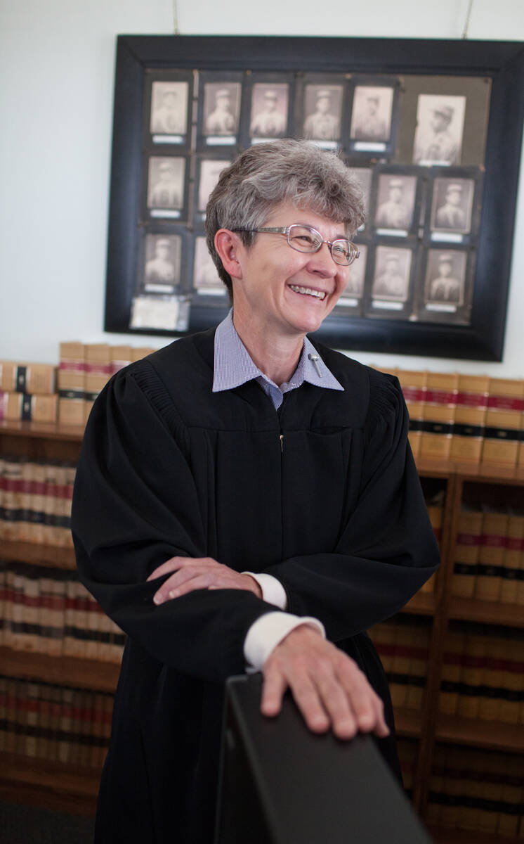 Kimberly Wanker, a traveling circuit judge, talks to a reporter in chambers at Esmeralda County ...