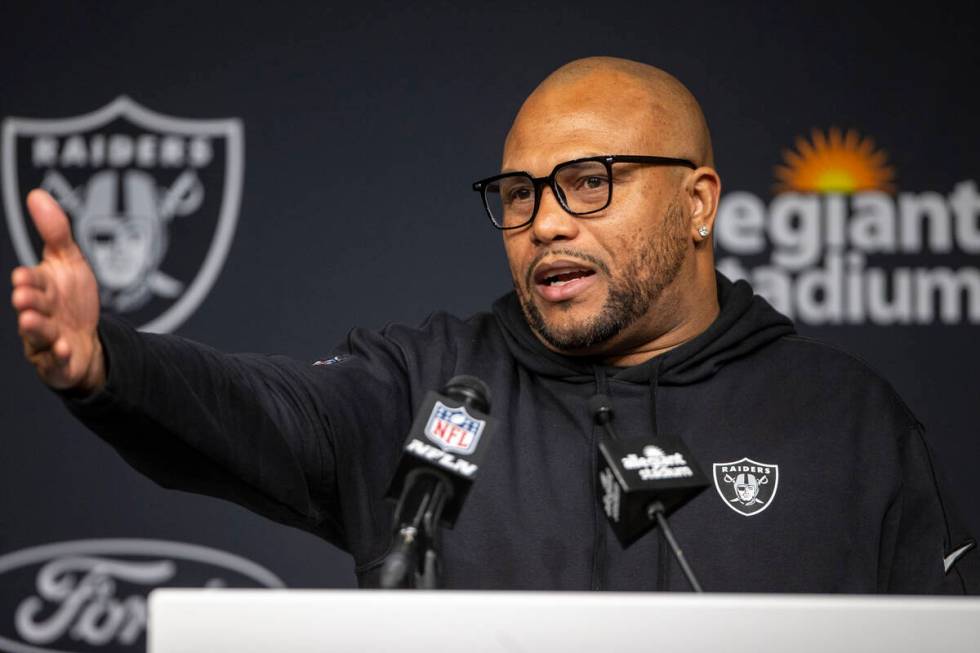 Raiders interim head coach Antonio Pierce answers questions from the media following the team&# ...