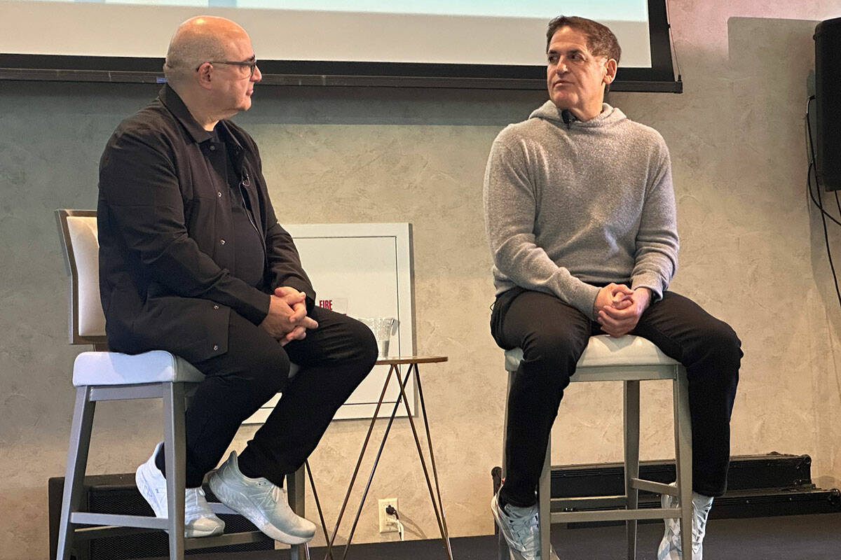 Dallas Mavericks minority owner and "Shark Tank" co-star Mark Cuban is shown with Shelly Palmer ...