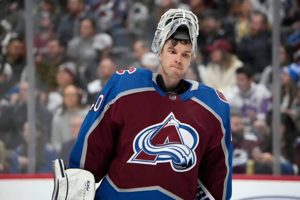 Colorado Avalanche goaltender Alexandar Georgiev waits for play to resume during the second per ...