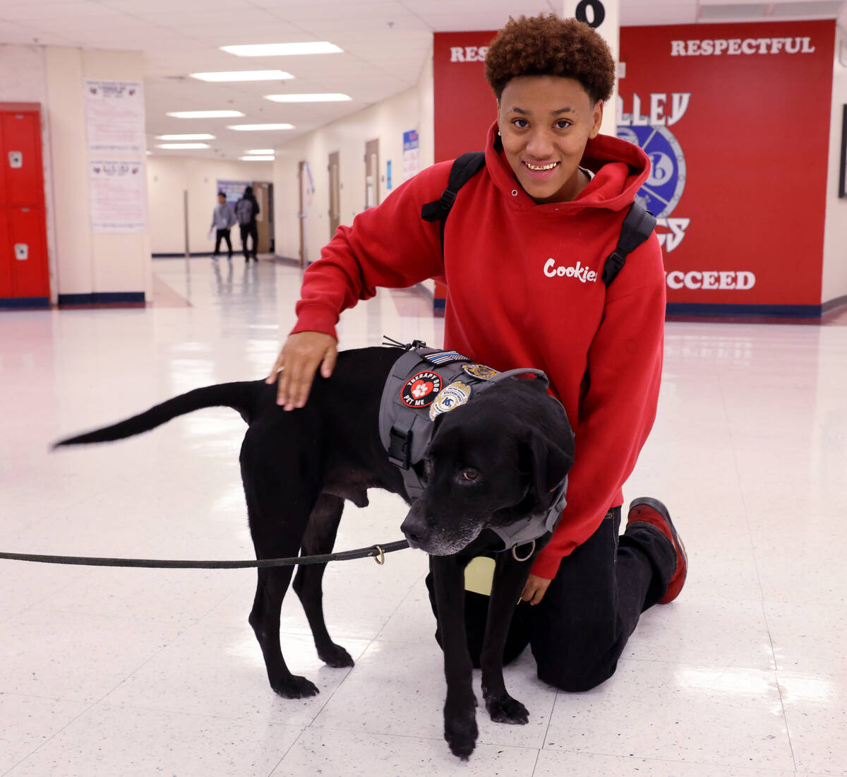 Therapy dog Eddie works with student Phaness Butler at Valley High School in Las Vegas on Tuesd ...