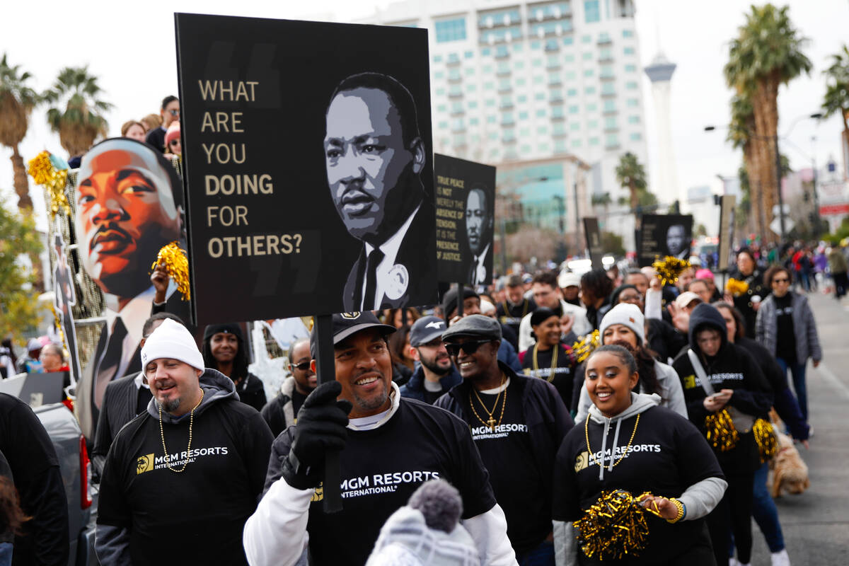 MGM Resorts employees march in the annual Martin Luther King Jr. Day parade on Monday, Jan. 15, ...