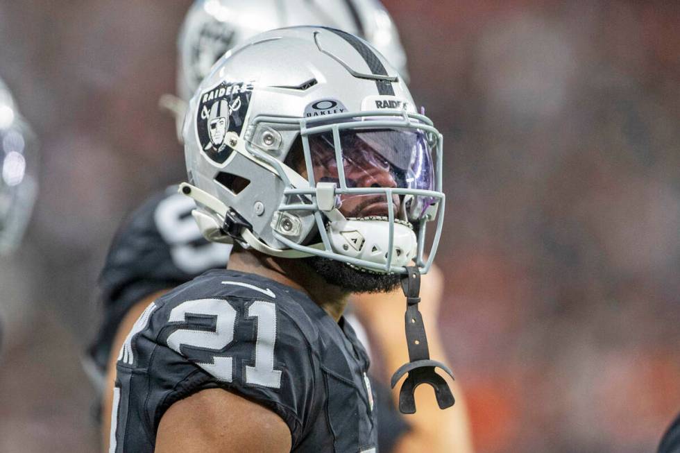 Raiders cornerback Amik Robertson (21) looks to a replay screen during the first half of an NFL ...