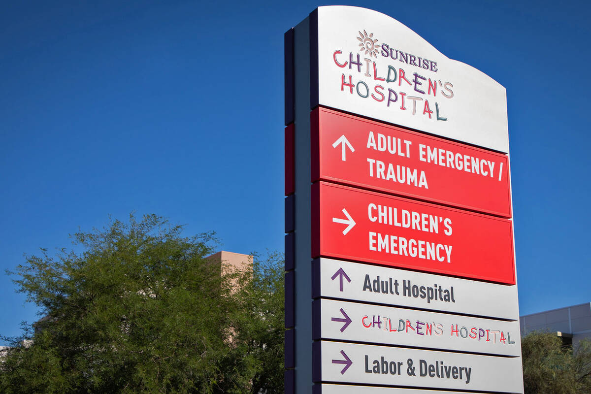 The Sunrise Children’s Hospital sign is seen on Friday, Oct. 21, 2022, in Las Vegas. Nevada ...