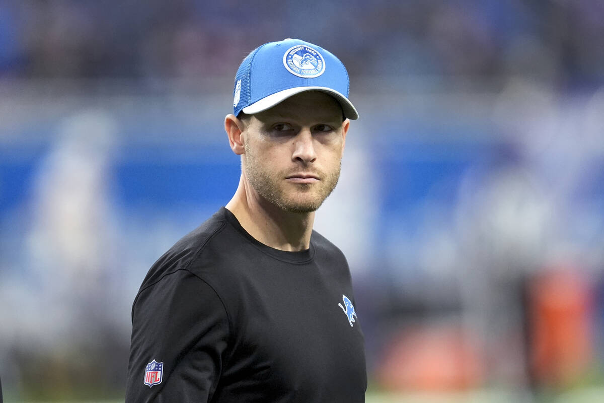 Detroit Lions offensive coordinator Ben Johnson watches before an NFL football game against the ...