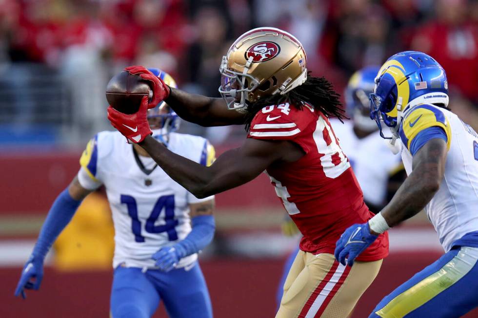 San Francisco 49ers wide receiver Chris Conley (84) grabs for a catch during an NFL football ga ...