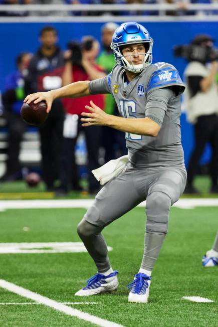 Detroit Lions quarterback Jared Goff (16) passes against the Minnesota Vikings during an NFL fo ...