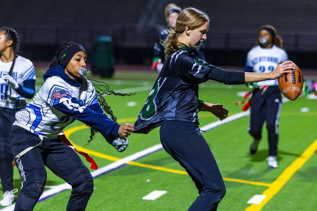 Palo Verde runner Vanessa Bonney (8) scores a touchdown as Centennial defender Alexis Pittman ( ...