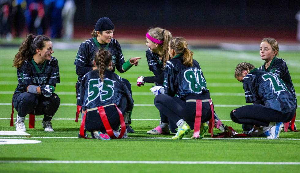 Palo Verde quarterback Jordan Katz (6) talks to teammates during a timeout against Centennial d ...