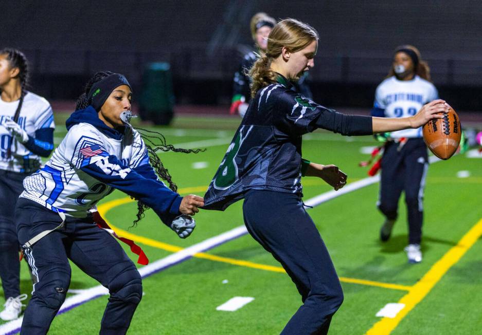 Palo Verde runner Vanessa Bonney (8) scores a touchdown as Centennial defender Alexis Pittman ( ...