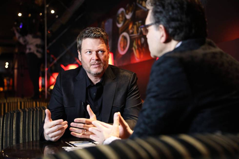 John Katsilometes, right, interviews country musician Blake Shelton, left, at Horseshoe Las Veg ...