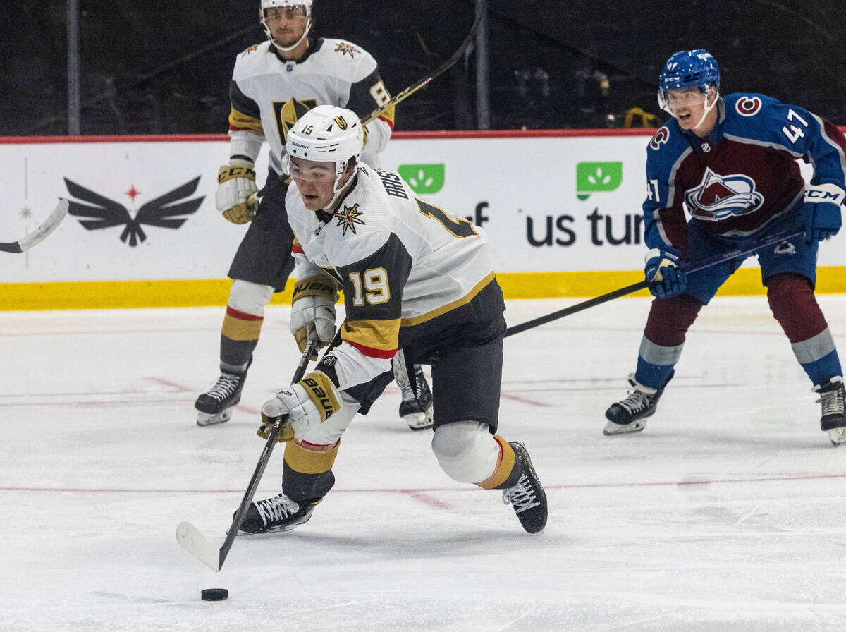 Golden Knights prospect forward Brendan Brisson (19) skates with the puck during a rookie camp ...