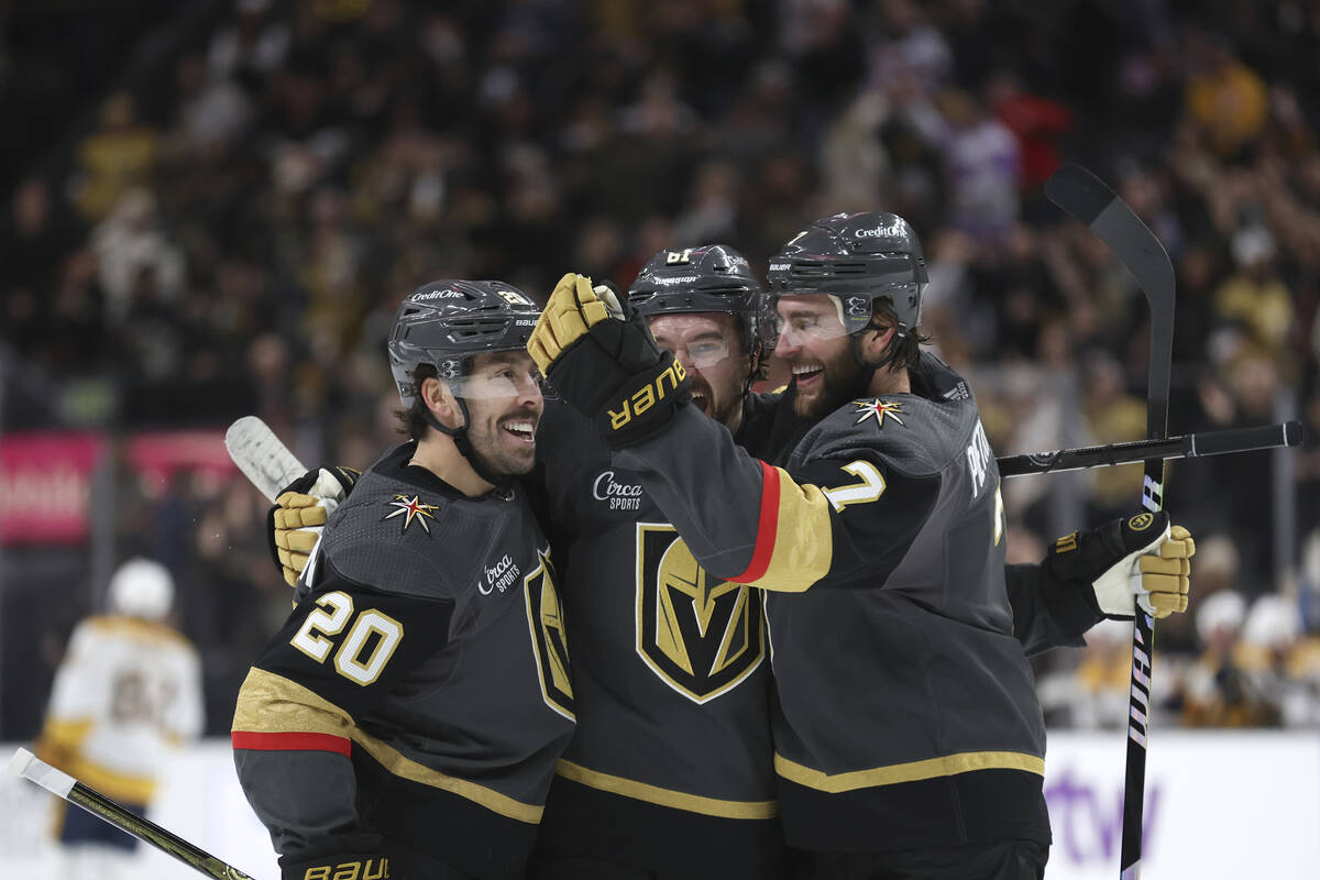 Vegas Golden Knights center Chandler Stephenson (20), right wing Mark Stone (61) and defenseman ...