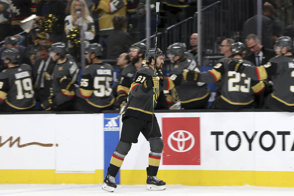 Vegas Golden Knights right wing Mark Stone (61) celebrates after his goal at the bench during t ...