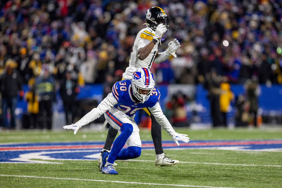 Buffalo Bills cornerback Dane Jackson (30) reacts after a 4th down stop during an NFL wild-card ...