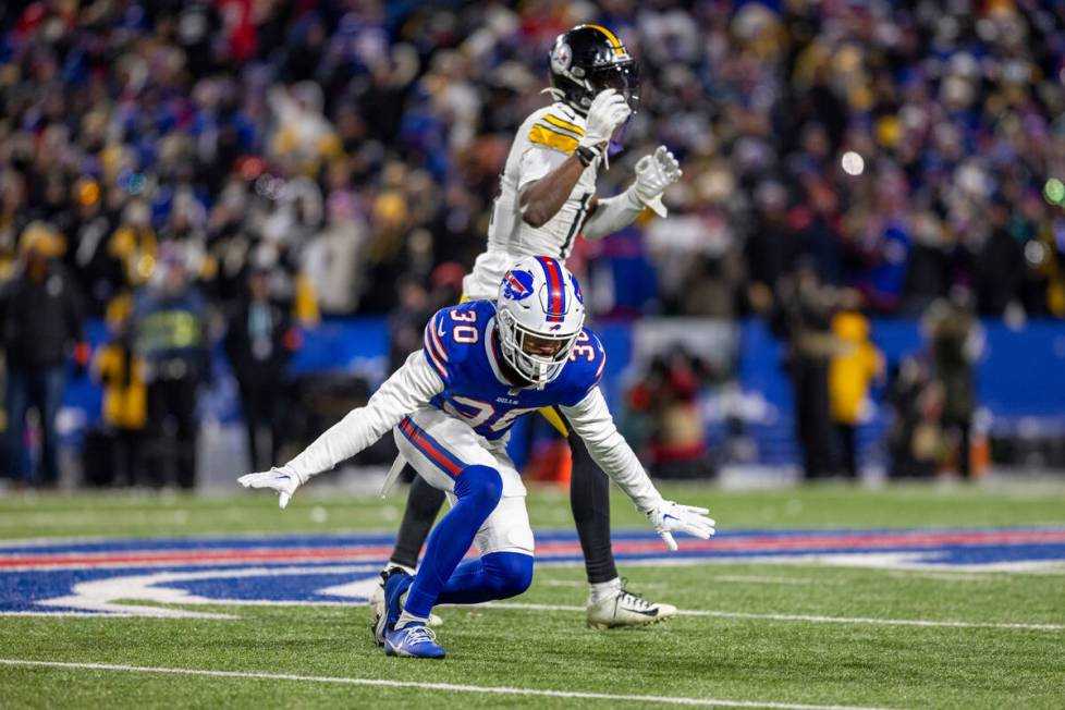 Buffalo Bills cornerback Dane Jackson (30) reacts after a 4th down stop during an NFL wild-card ...