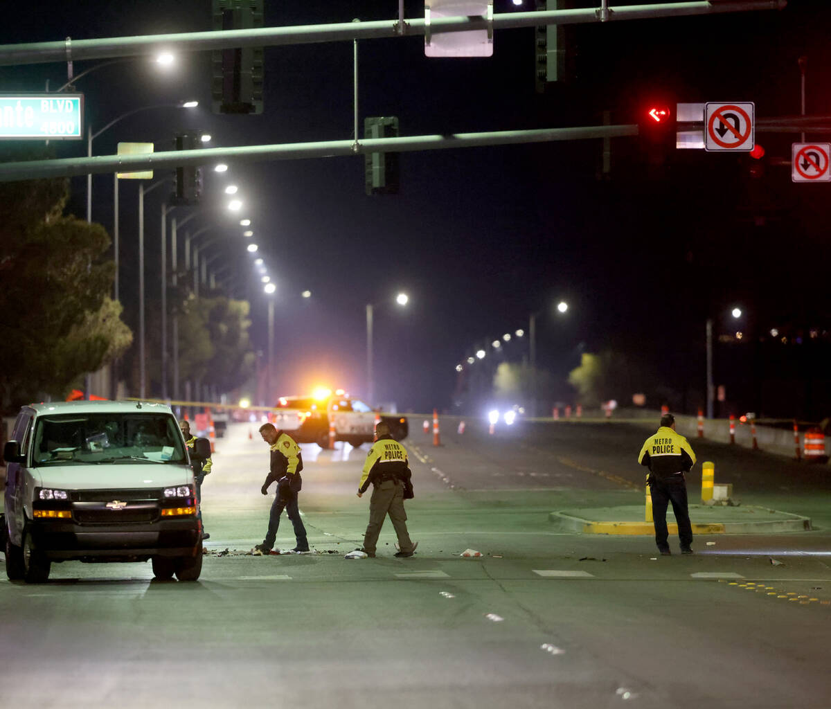 Police investigate a fatal crash involving a motorcycle and a RTC bus at Tropicana Avenue and J ...