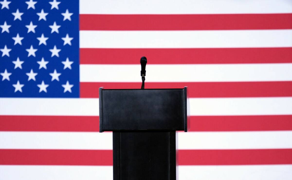 The stage is set for Republican presidential candidate Florida Gov. Ron DeSantis before a caucu ...