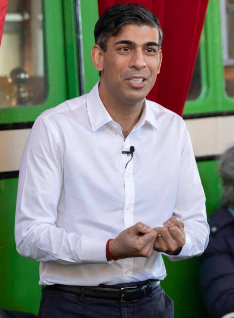 Britain's Prime Minister Rishi Sunak speaks during a visit to The Boatyard in Leigh-on-Sea, Ess ...