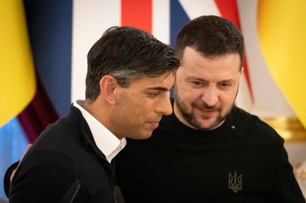 Britain's Prime Minister Rishi Sunak, left, and Ukrainian President Volodymyr Zelenskyy before ...