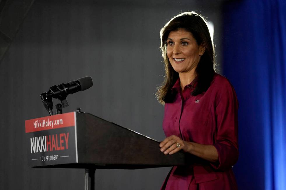 Republican presidential candidate former UN Ambassador Nikki Haley speaks at a caucus night par ...