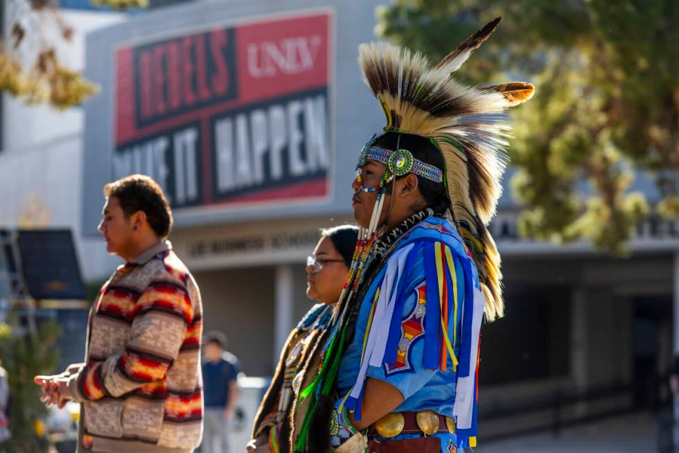 Navajo Keanu Bedonie and sister Toonizhoni await their cue to dance as the Intertribal Nations ...