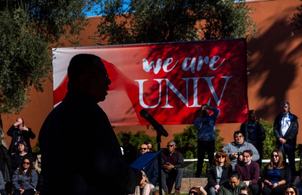 UNLV President Keith Whitfield speaks as the Intertribal Nations from Southern Nevada present a ...