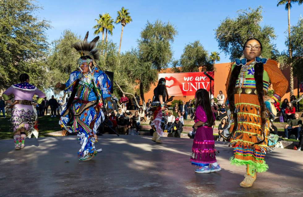 Dancers perform victory dancing during an Intertribal Nations from Southern Nevada traditional ...