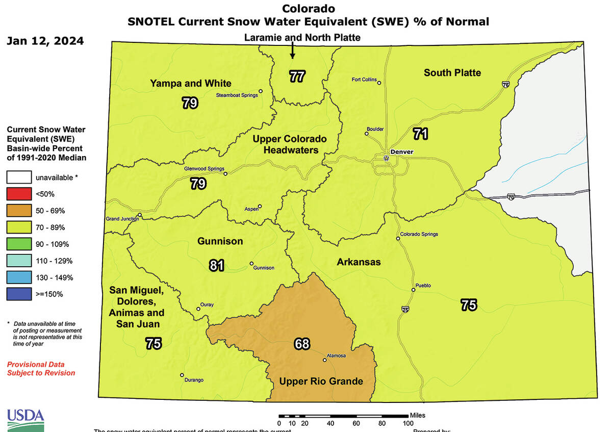 A map shows the Jan. 12, 2024, snowpack measurements in Colorado. (USDA)