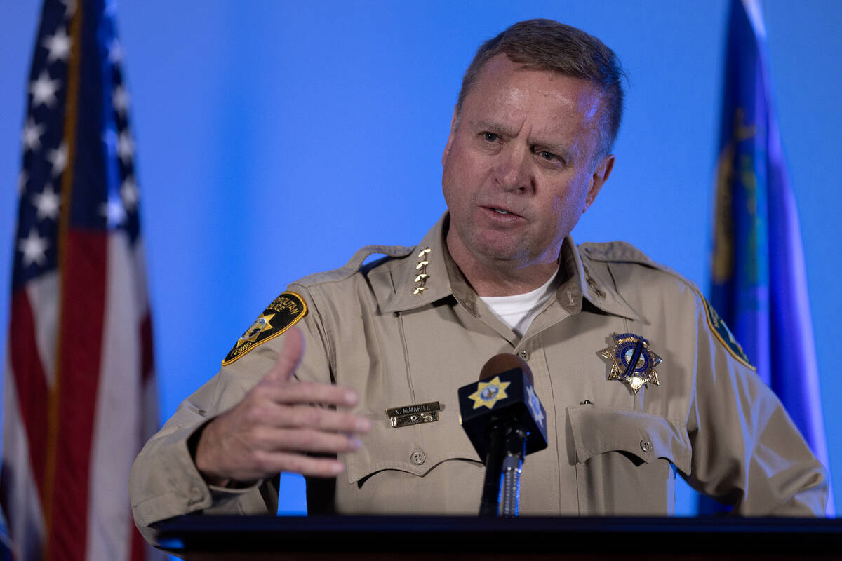 Sheriff Kevin McMahill gives a briefing on a shooting at UNLV during a news conference at the M ...