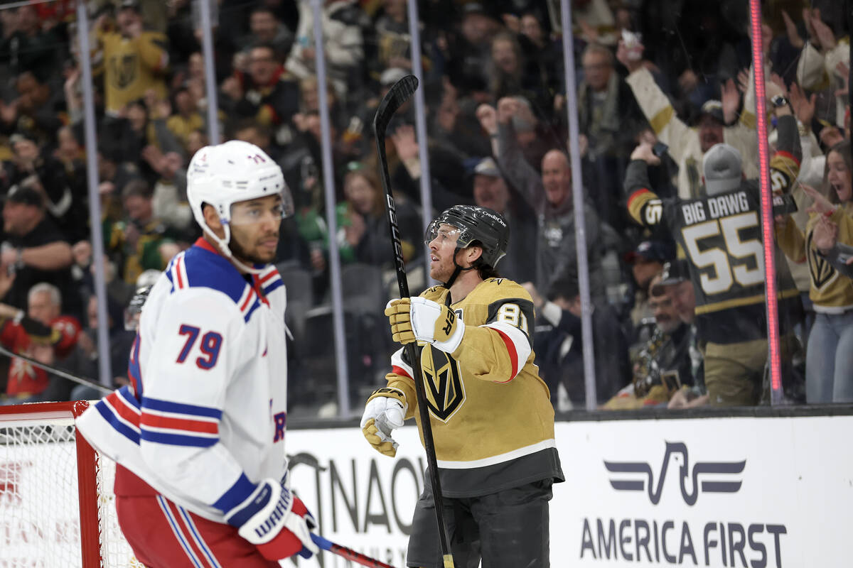 Golden Knights right wing Jonathan Marchessault (81) watches the instant replay of his goal whi ...