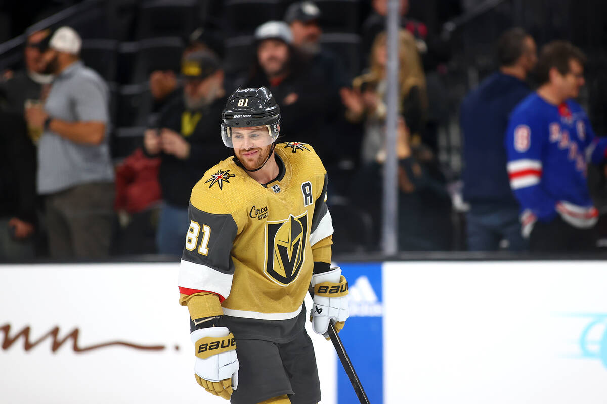 Golden Knights right wing Jonathan Marchessault (81) smiles after winning an NHL hockey game ag ...