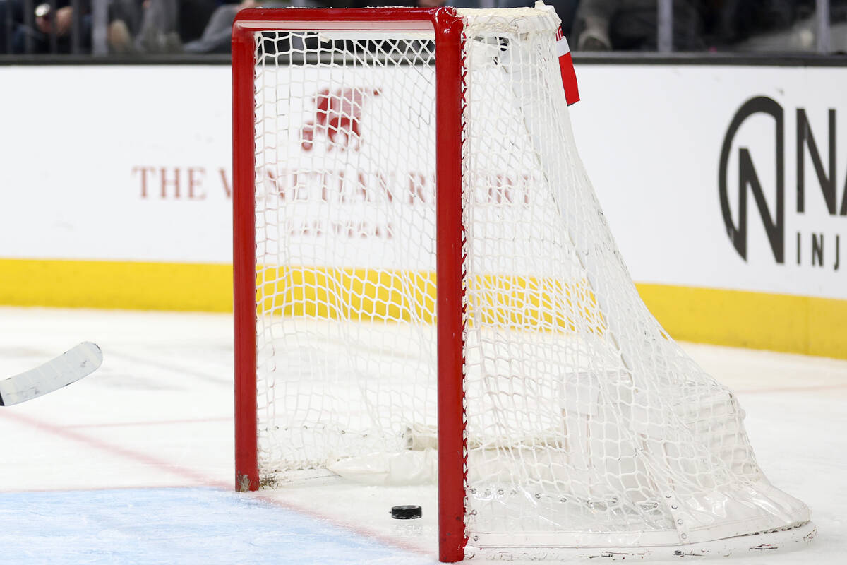 Golden Knights center Brett Howden scores an empty net goal during the third period of an NHL h ...