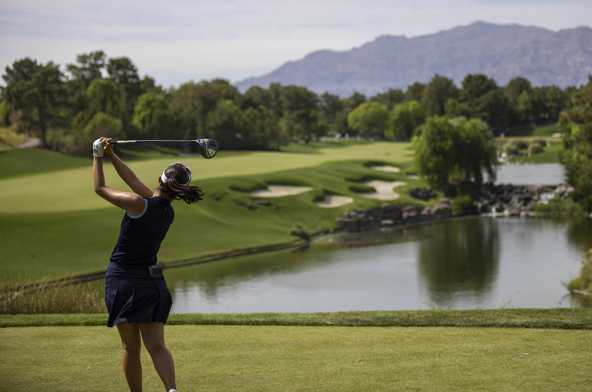 Andrea Lee watches her shot from the ninth tee during the quarterfinals of the LPGA Bank of Hop ...