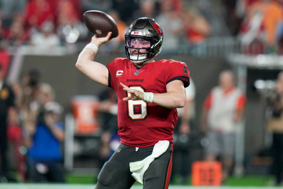 Tampa Bay Buccaneers quarterback Baker Mayfield throws a pass against the Philadelphia Eagles d ...