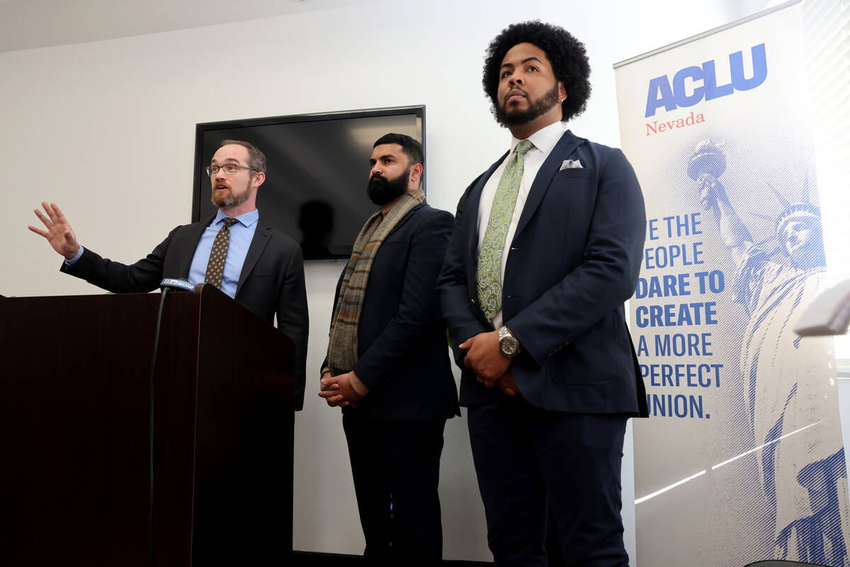 From left, American Civil Liberties Union of Nevada Legal Director Chris Peterson, Executive Di ...