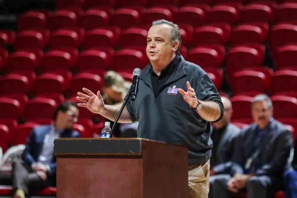 President and CEO of the Las Vegas Super Bowl Host Committee Sam Joffray speaks at the Las Vega ...